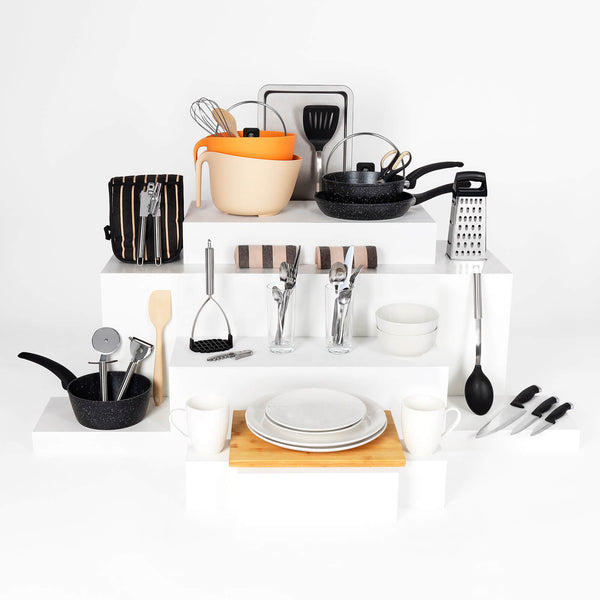 Standard Kitchen Starter Kit / Pack (65+ Items) - Kitchenware & Cookware Essentials, Kitchen Utensil Pack, Non-Stick Pots and Pans Set, Kitchen Tools